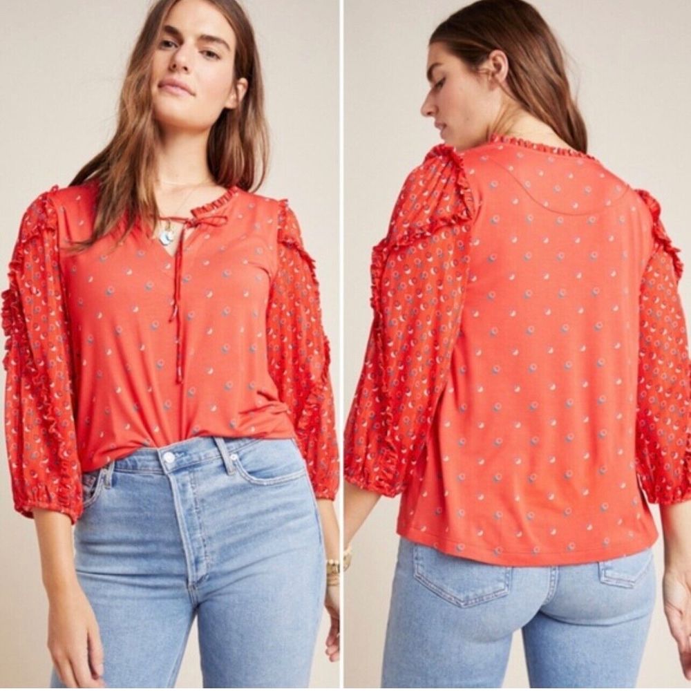 Maeve Anthropologie Small Jacquin Top Puffed 3/4 Sleeves Geometric Keyhole Neck
